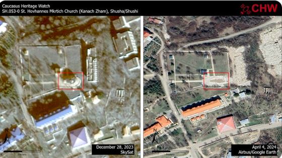 Satellite images showing the destruction of the St. John the Baptist church. CHW