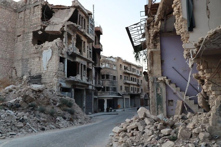 A war-damaged street in Aleppo. csi