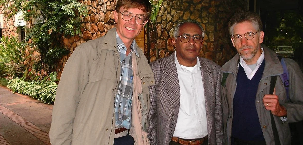 Bishop Macram Max Gassis (middle) pictured in South Sudan with Gunnar Wiebalck (left) and John Eibner (right) of CSI in 1999. csi