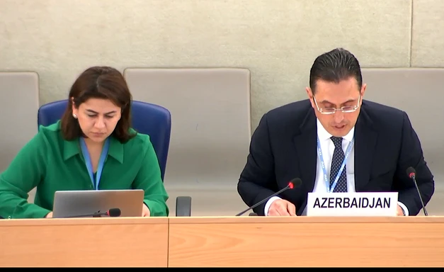 Azerbaijan's representative presenting at the 55th Session of the UN Human Rights Council